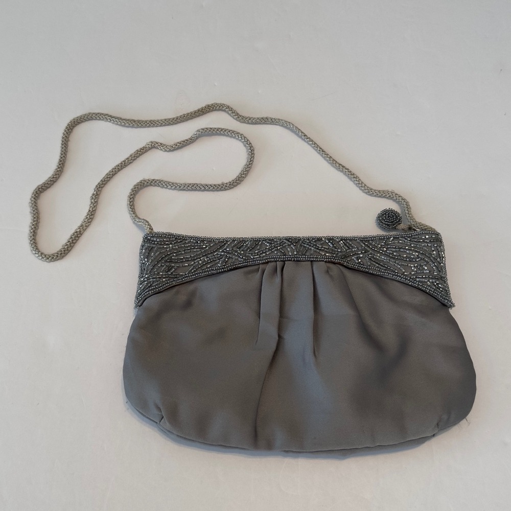 Genie Gray Satin Beaded Evening Bag Shoulder‎ Clutch Braided Strap Korea Vintage
